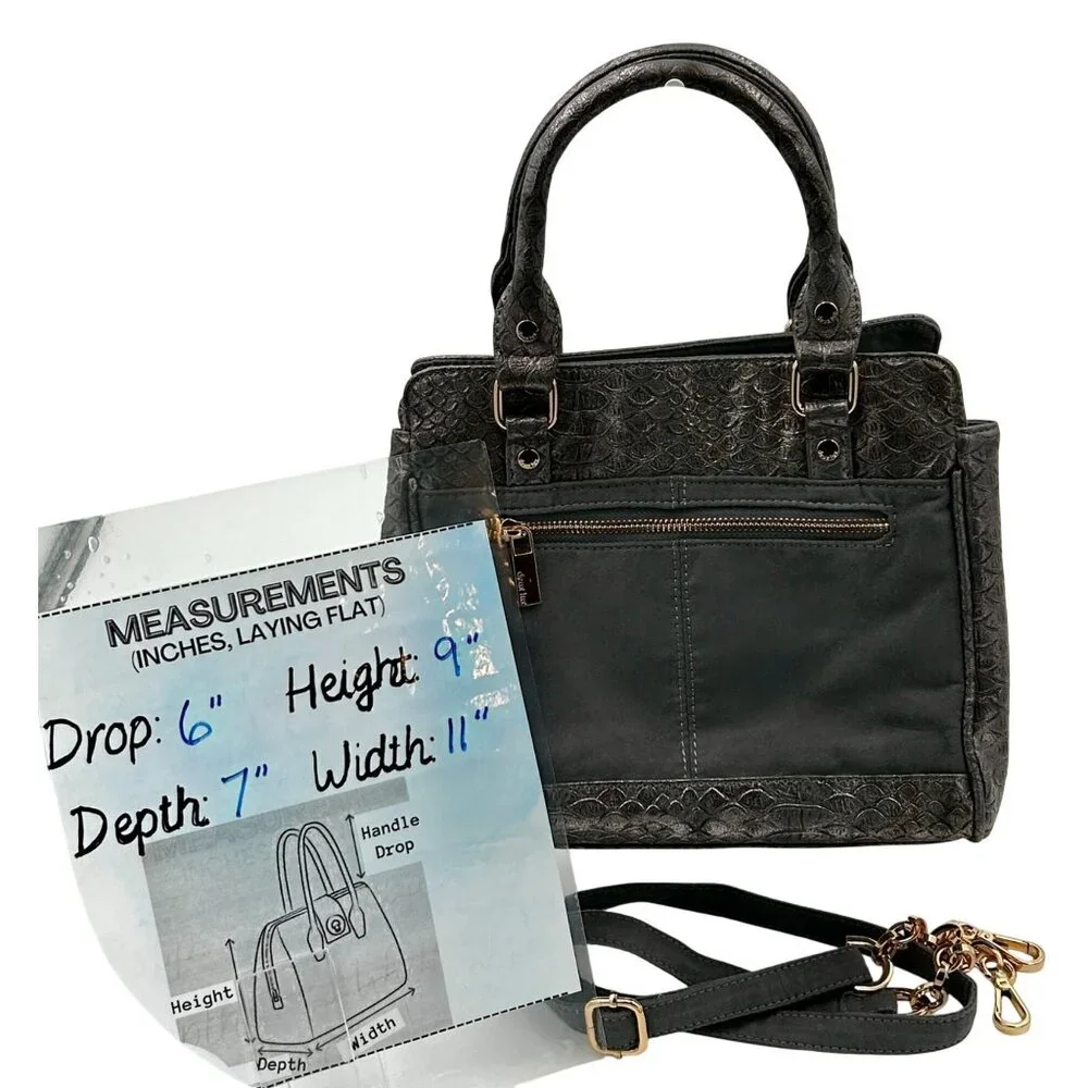 Deux Lux Satchel Tote Women Gray Faux Leather Croc Embossed Metallic Chain Strap